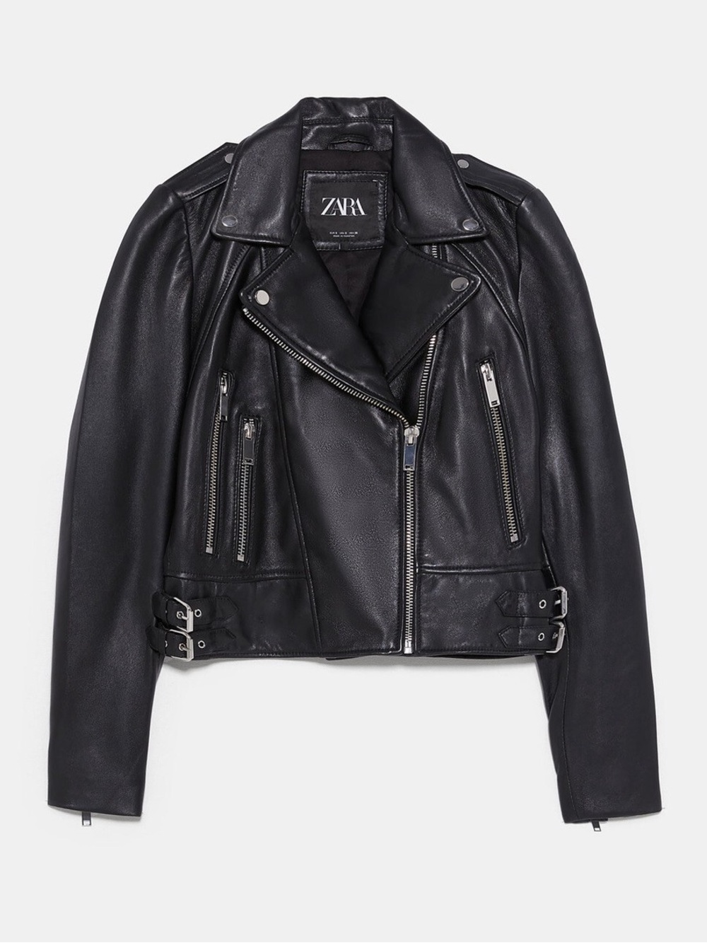 ZARA Black Leather Biker Jacket with Silver Hardware